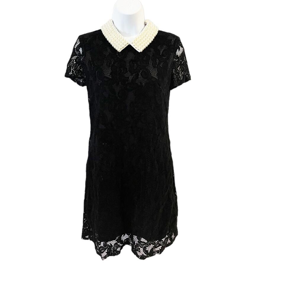 Betsey Johnson Faux Pearl Collared Black Velvet Lace Dress Size 2 - Picture 13 of 13